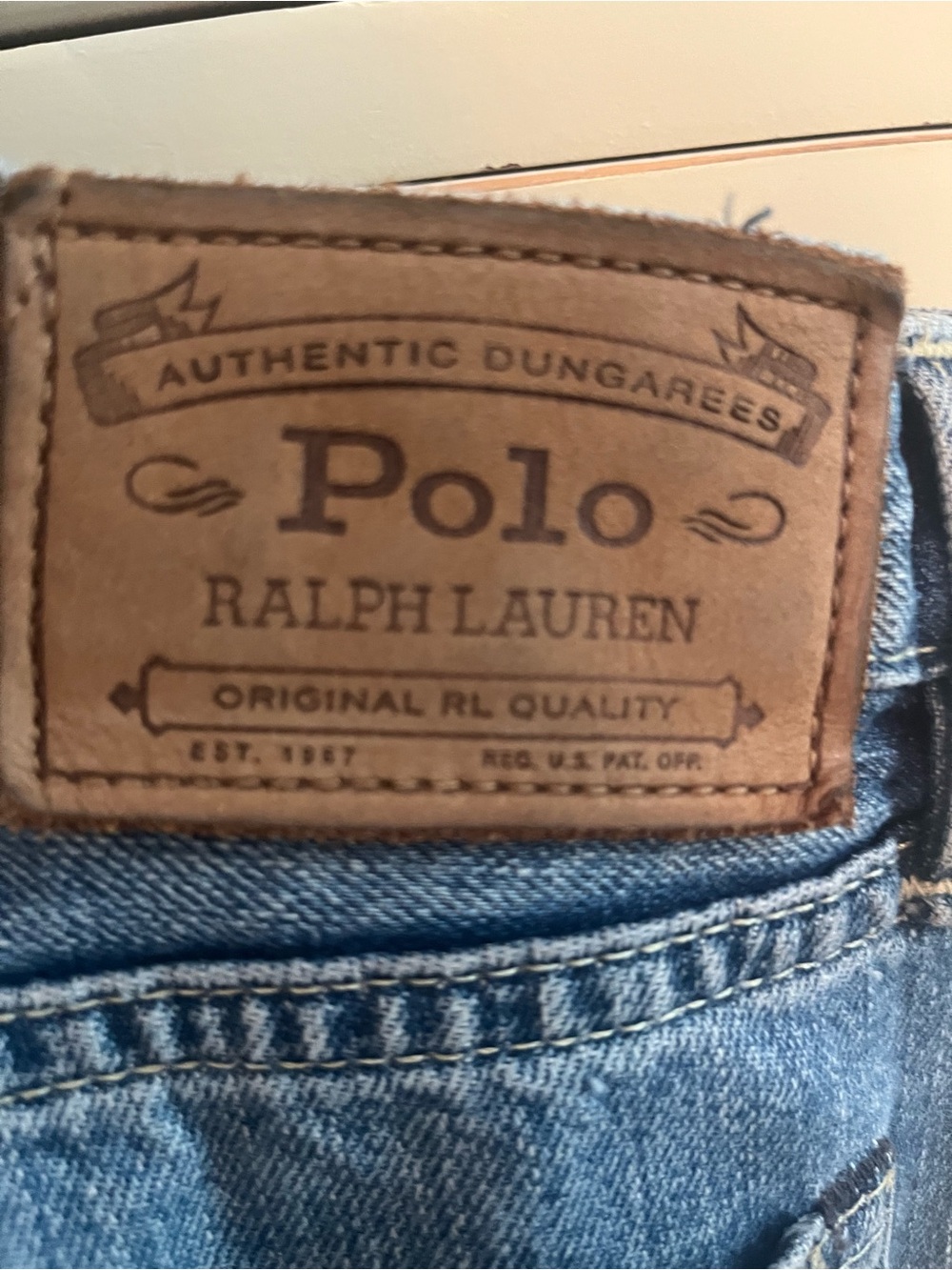Polo by Ralph Lauren Men’s Light Blue Denim Relaxed Jeans with Leather Patch.